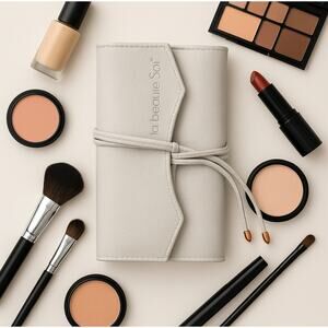 La Beauté Soi White Faux Leather Makeup Brush Holder Travel Organizer Roll Case